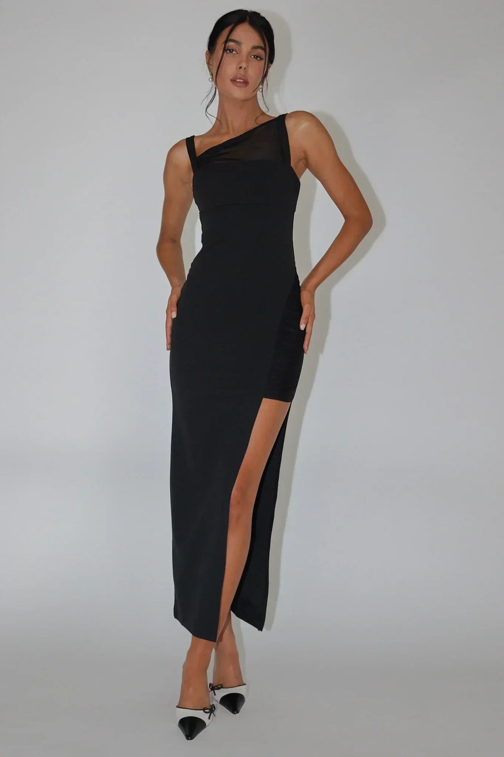 Robe midi fendue froncée Zenya noire