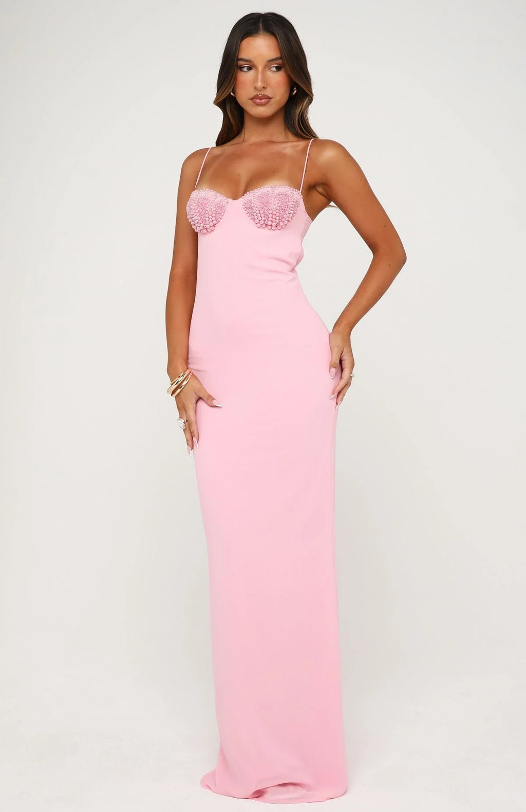 Robe longue perlée Motel Mermaid rose bonbon