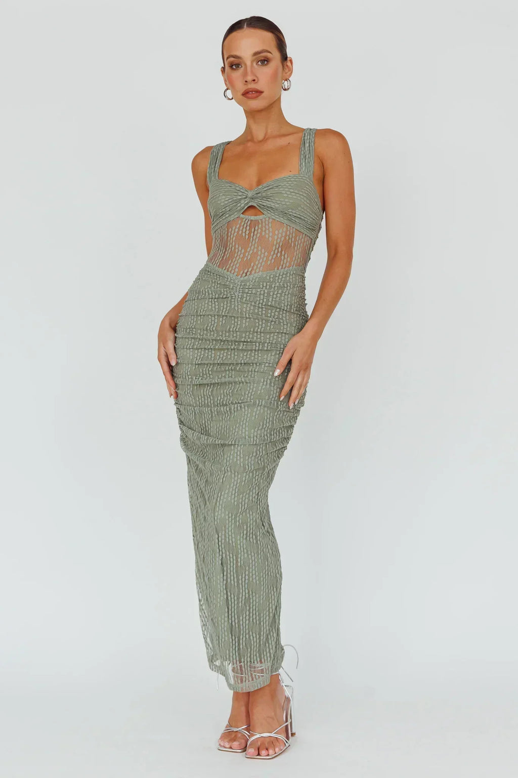 Robe midi en maille brodée Oliana Fougère