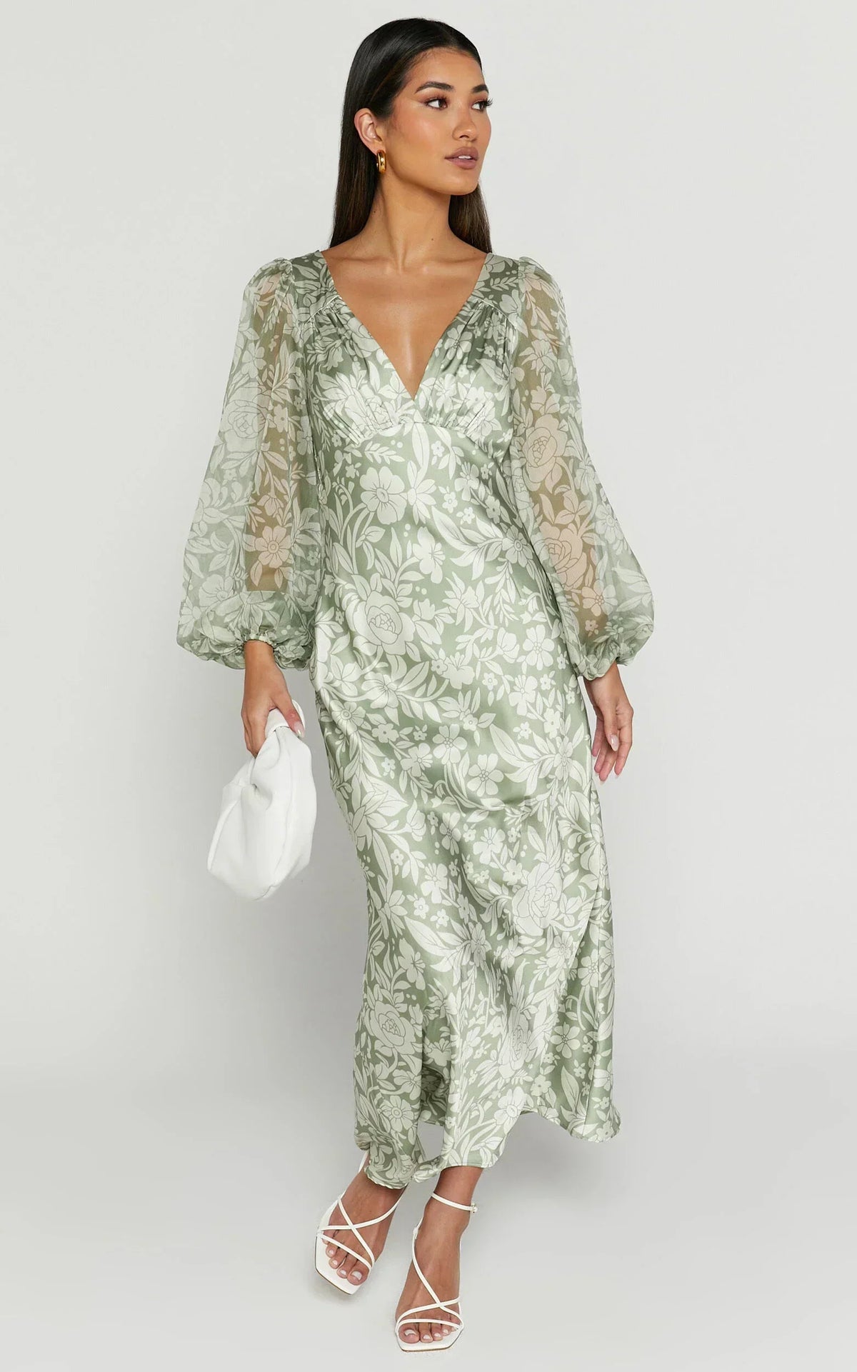 Robe Midi Freollyn - Robe longue à manches longues et col en V profond de couleur Sauge