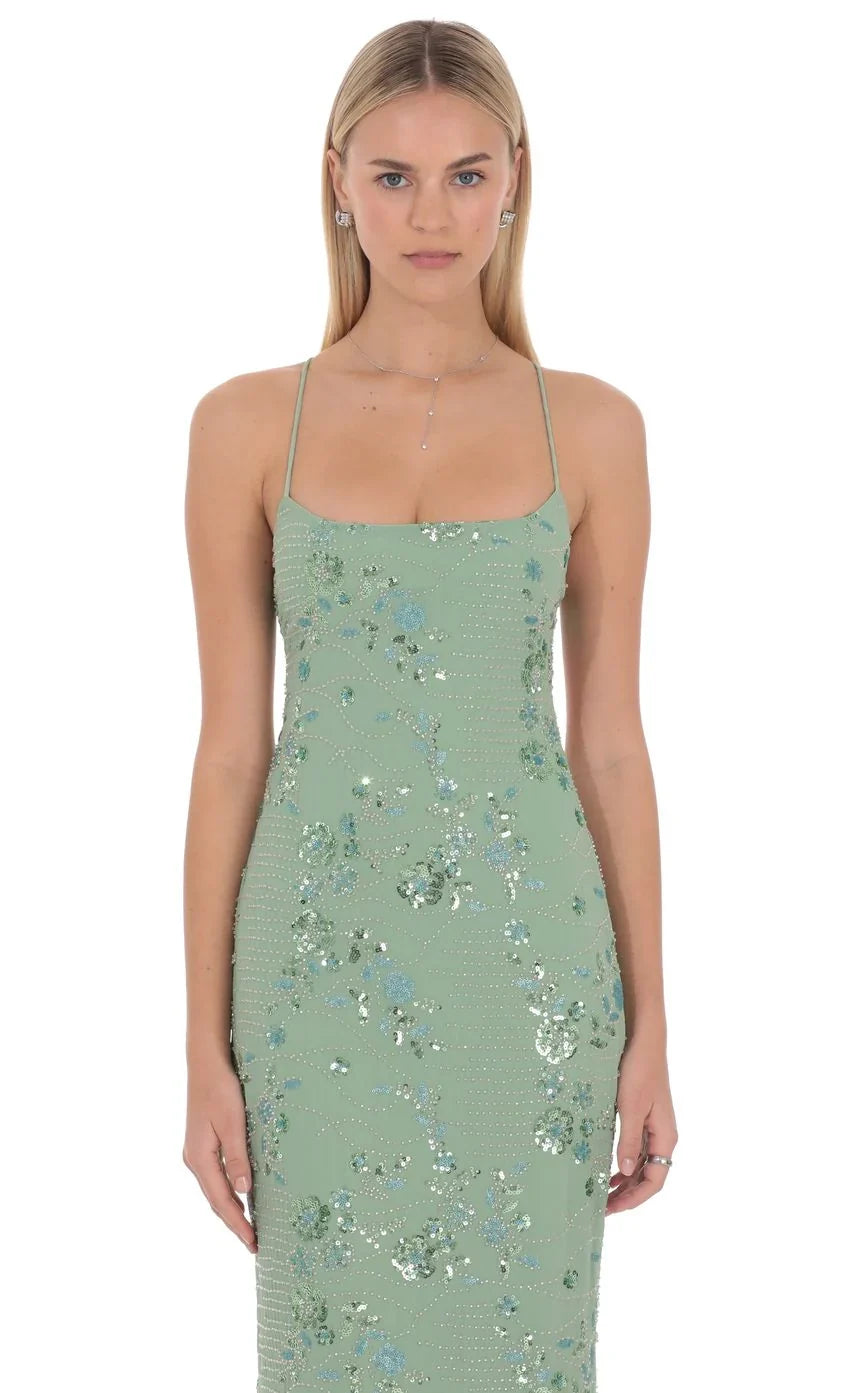 Robe longue Lilia ornée de perles, vert