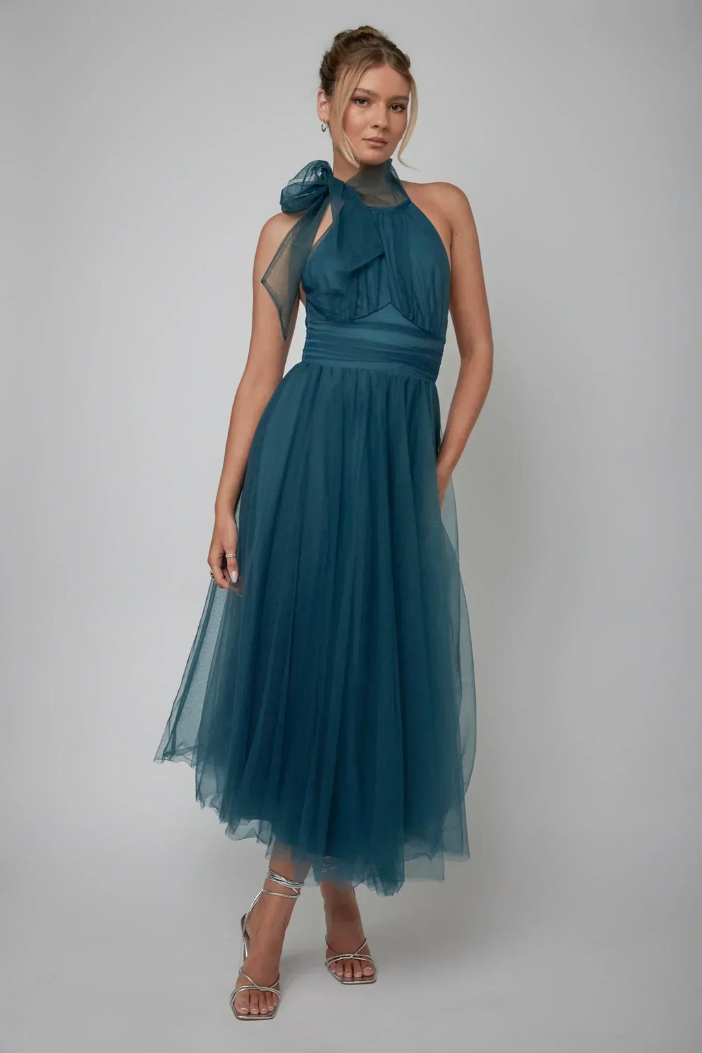 Robe midi en tulle à encolure américaine Andria sarcelle