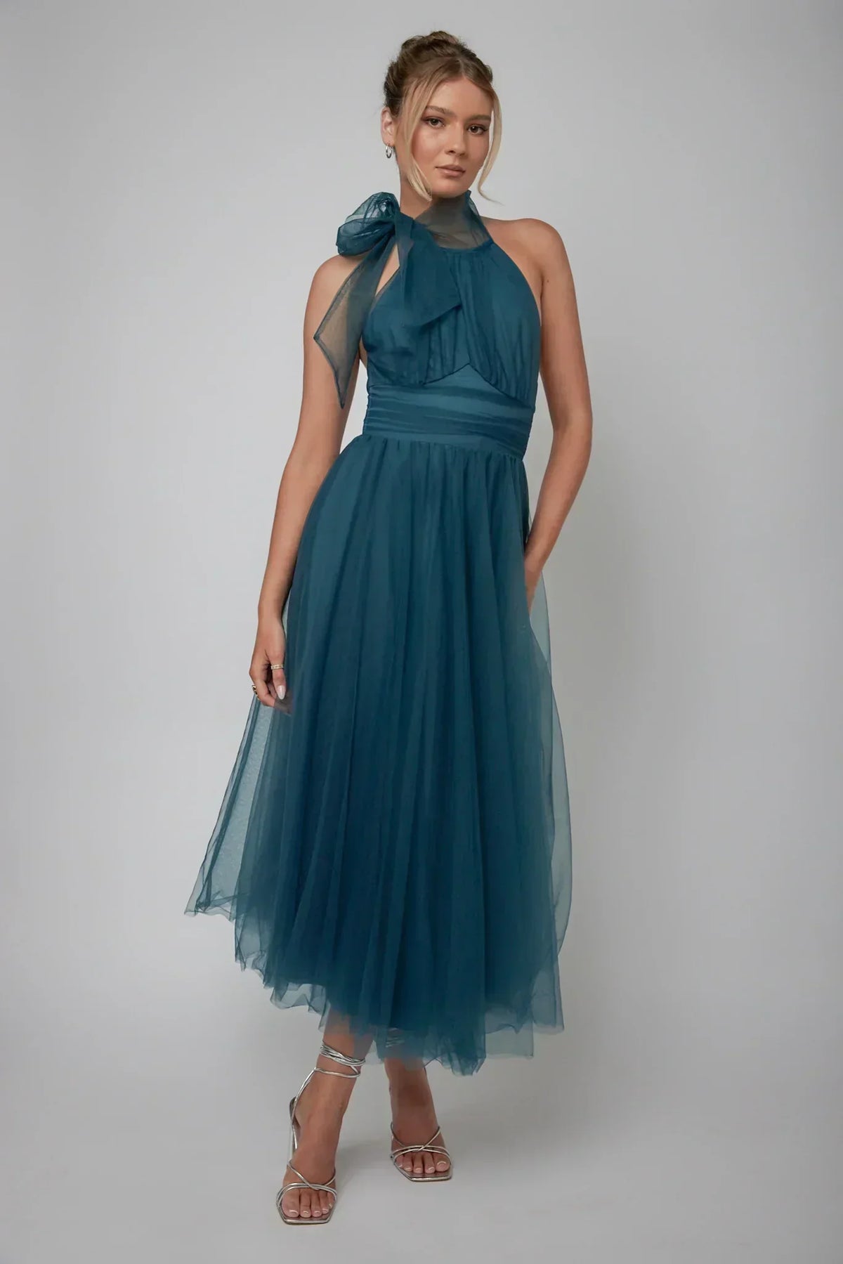 Robe midi en tulle à encolure américaine Andria sarcelle