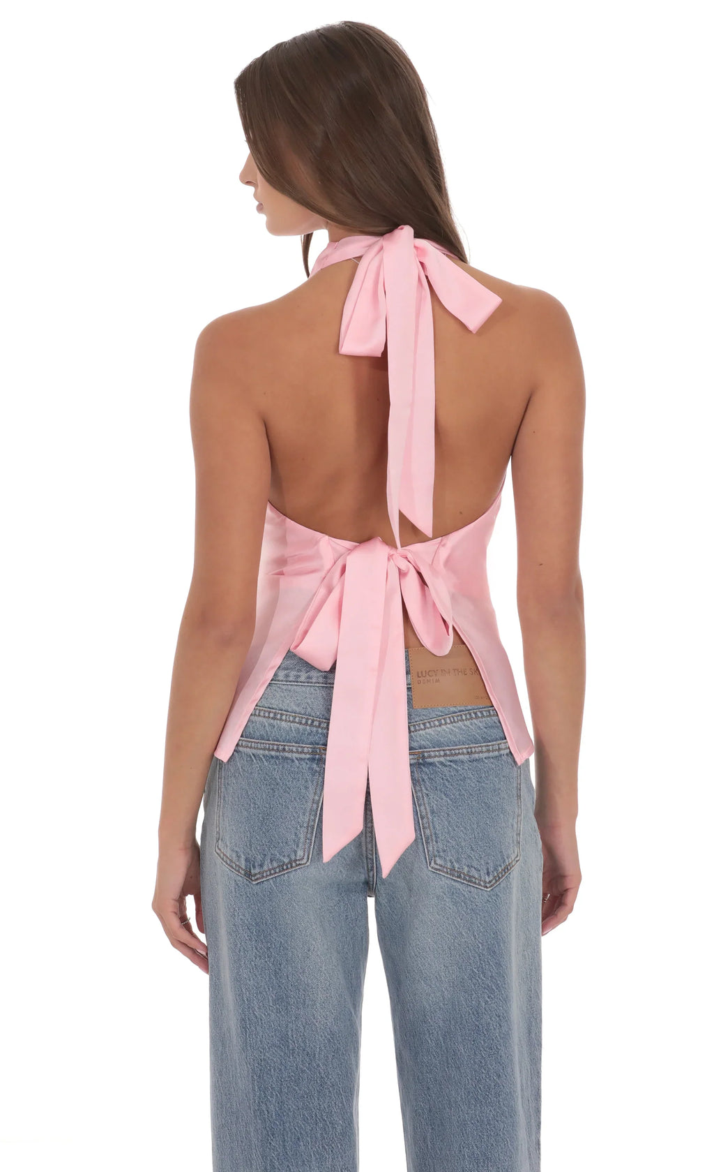Haut satiné à col bénitier rose
