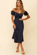 Robe mi-longue Linka à épaules dénudées avec lien à nouer au dos, couleur marine