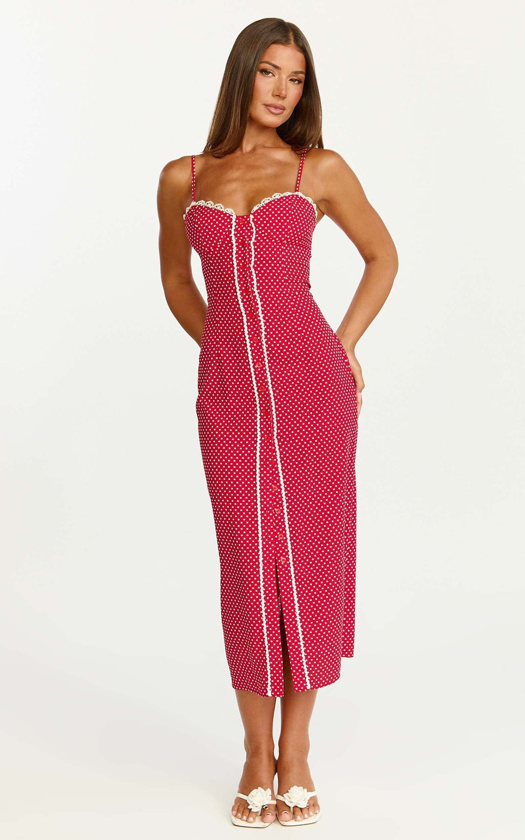 Robe midi Camille - Robe cintrée bustier boutonnée sur le devant avec garniture en dentelle rouge