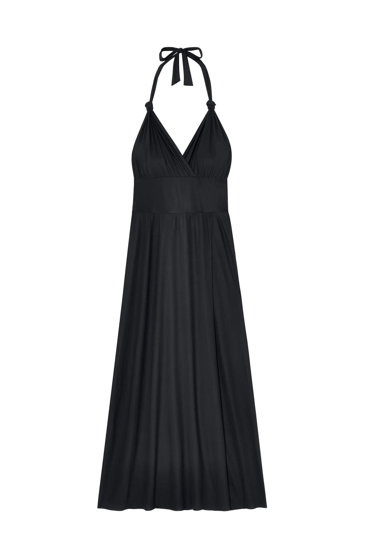 Robe longue noire à dos nu et encolure américaine avec fermeture portefeuille