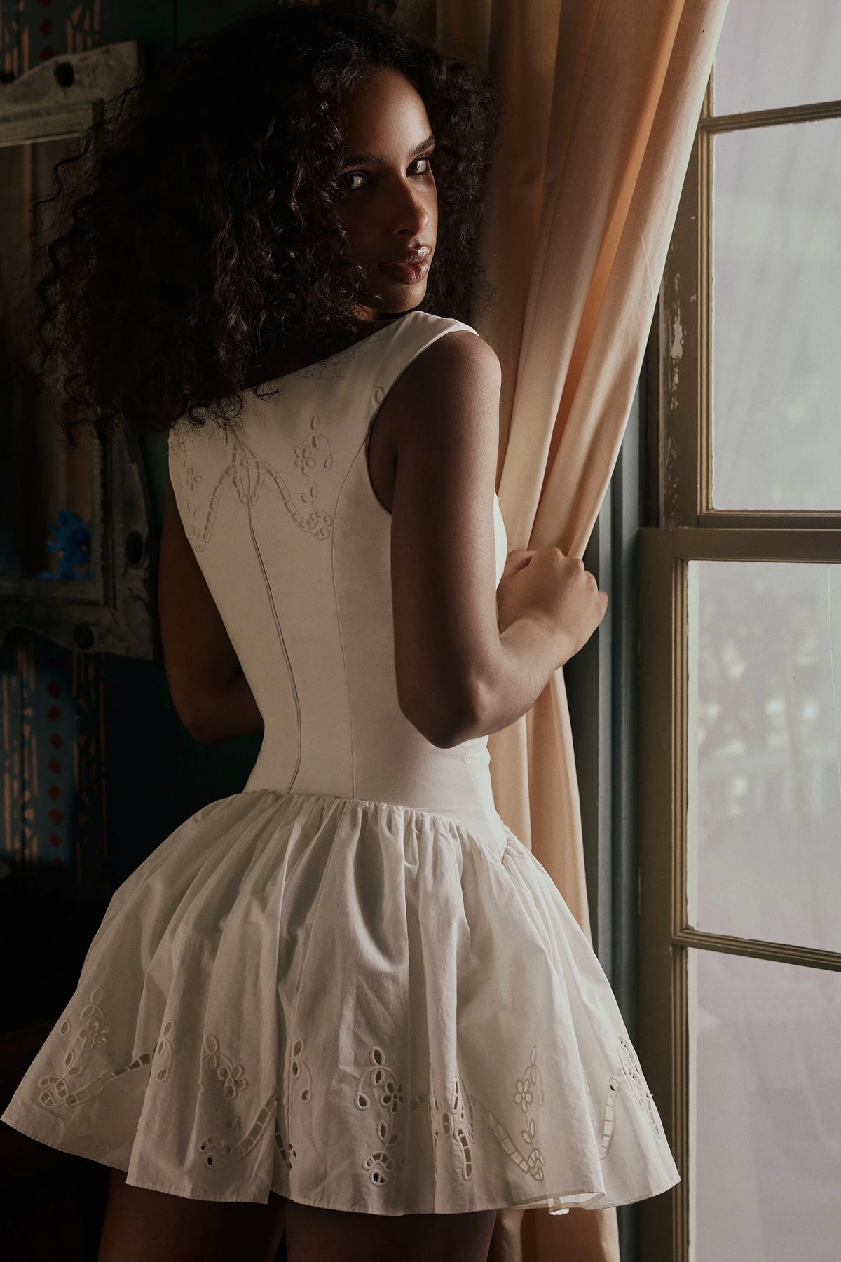 white cotton broderie anglaise boat neck mini dress