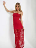 Robe longue sans bretelles Aleda avec dentelle transparente rouge