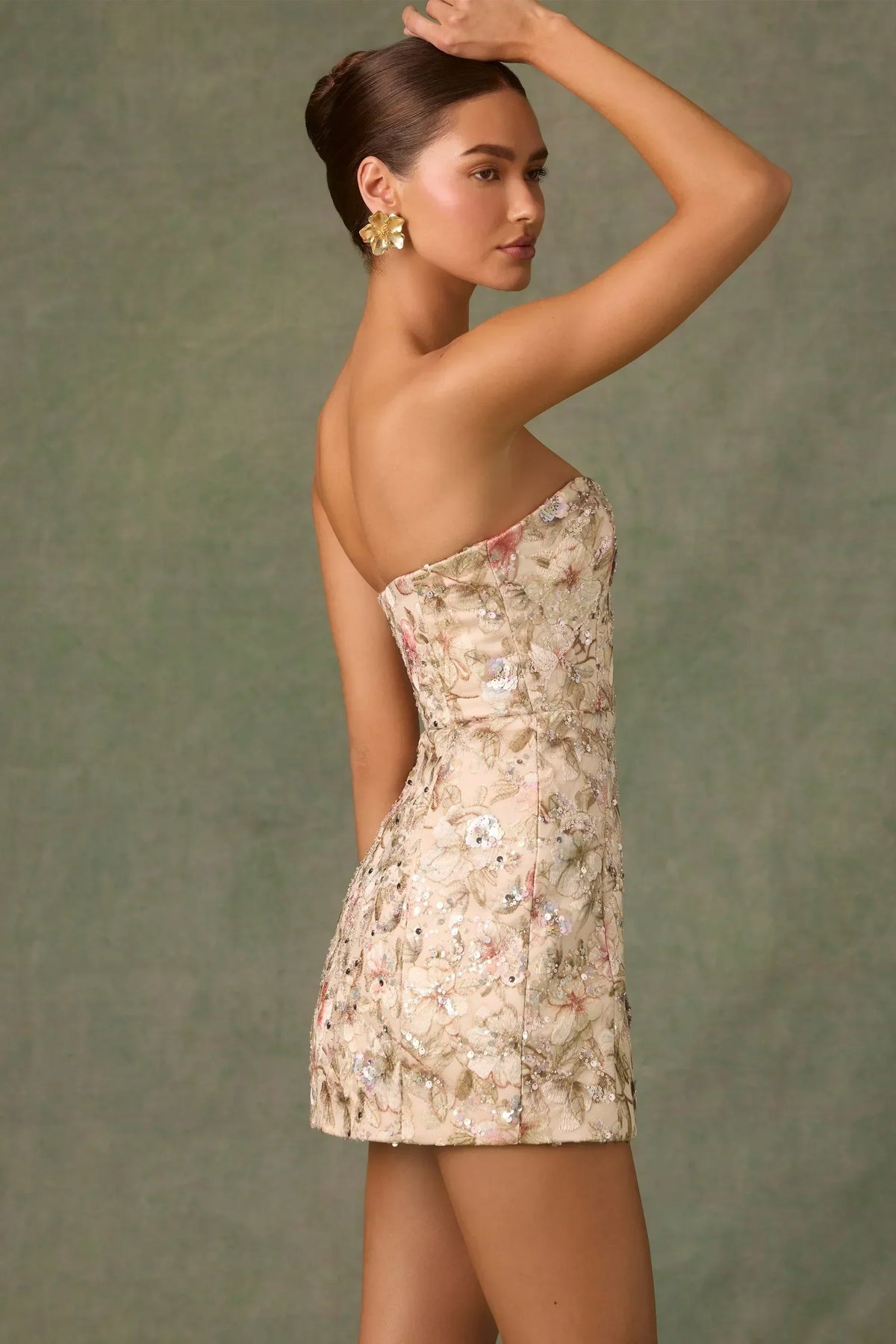 Mini-robe trapèze bustier ornée en beige floral
