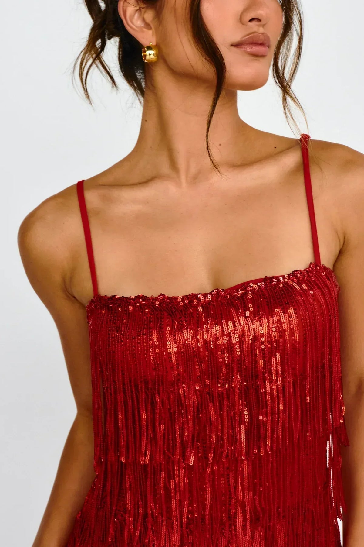 Robe courte à franges et sequins New York Nights rouge