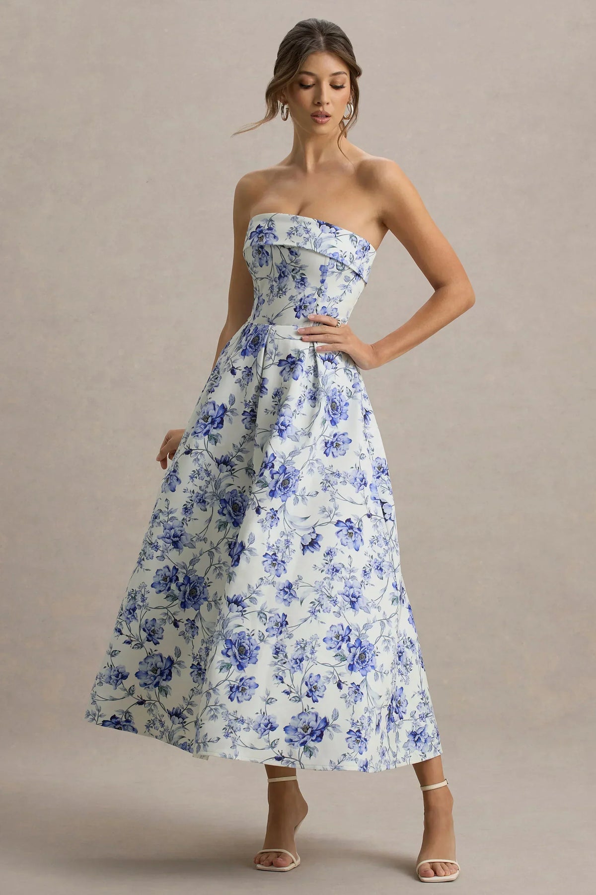 Annalise | Robe midi patineuse bandeau imprimé porcelaine bleue