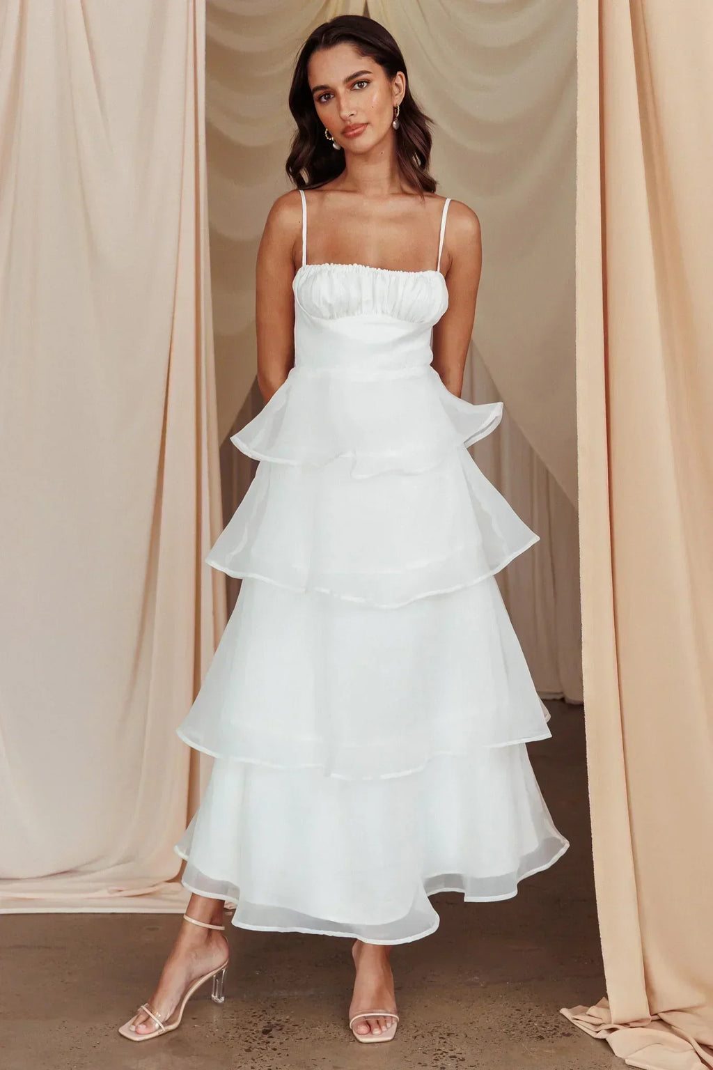 Robe midi étagée Provence Bloom blanche