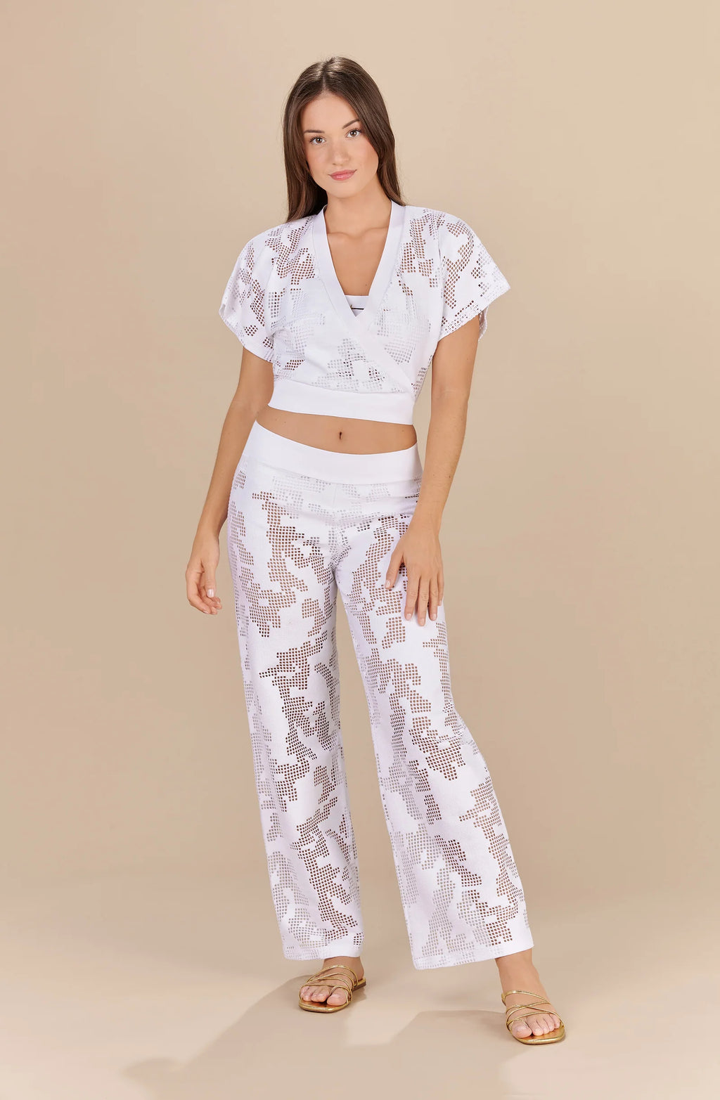 manoa White perforated fishnet wrap top