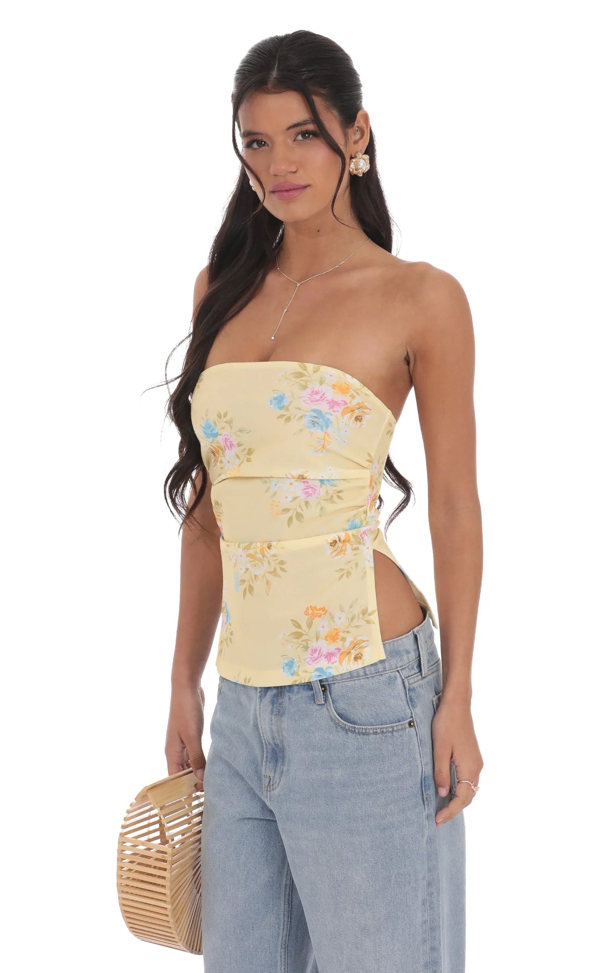 Haut bustier fendu double à imprimé floral jaune
