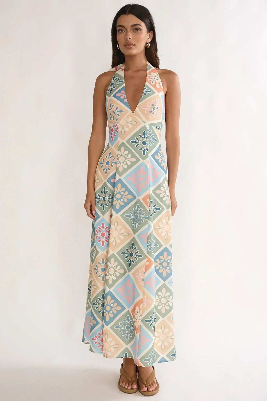 Robe longue trapèze à col montant Nolara vert multicolore
