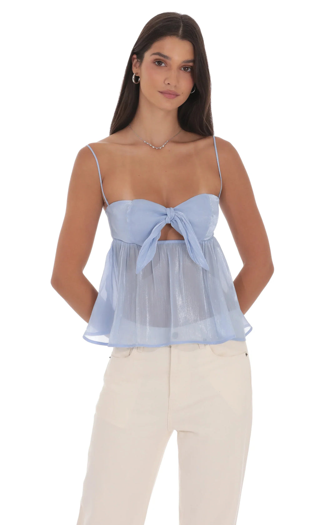 Haut babydoll Sheen à nouer sur le devant, bleu clair