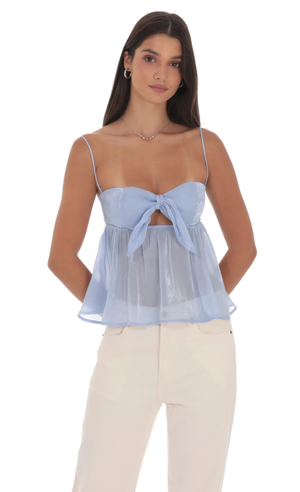 Haut babydoll Sheen à nouer sur le devant, bleu clair