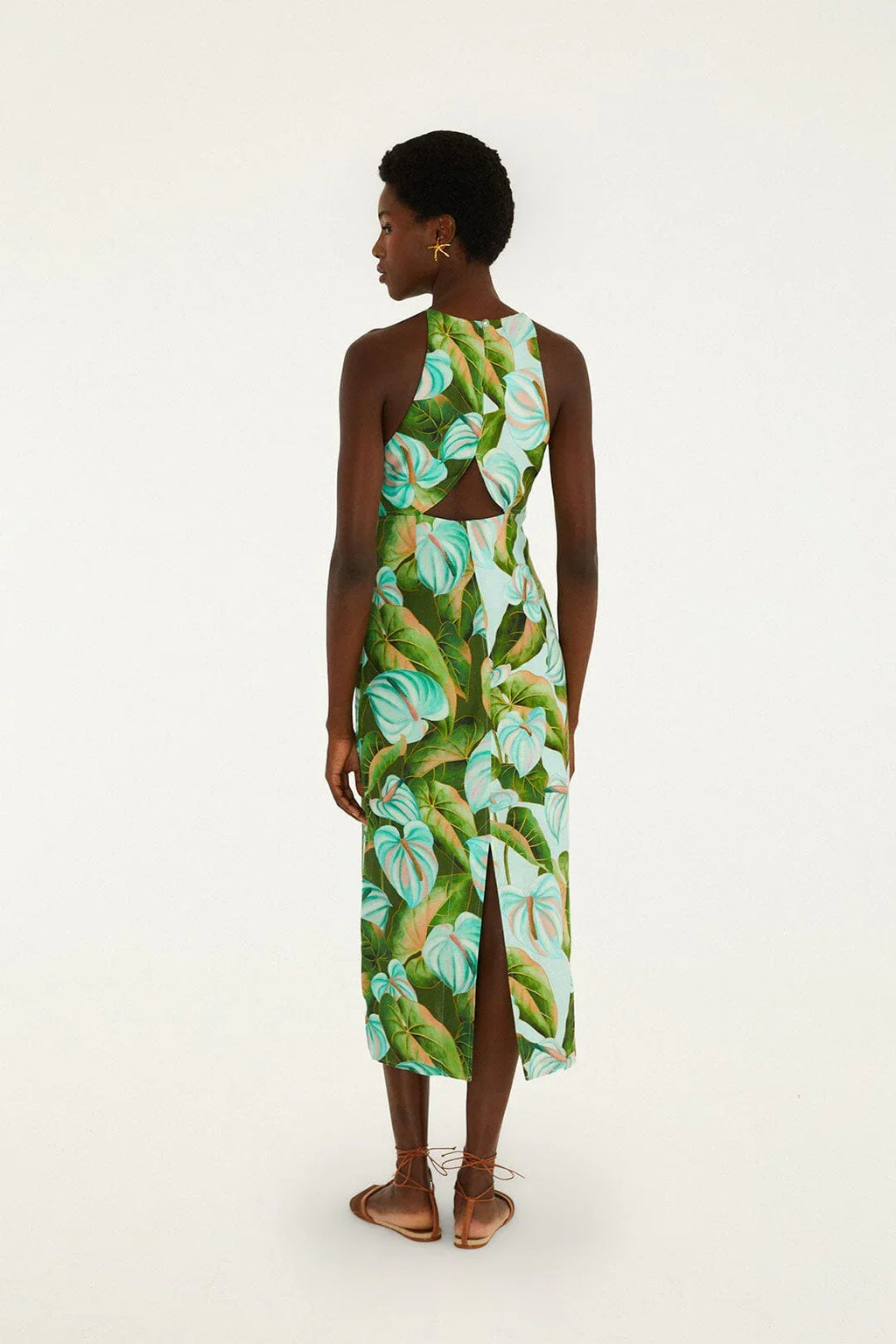 Green Anthurium Leaves Cut-Out Midi Dress