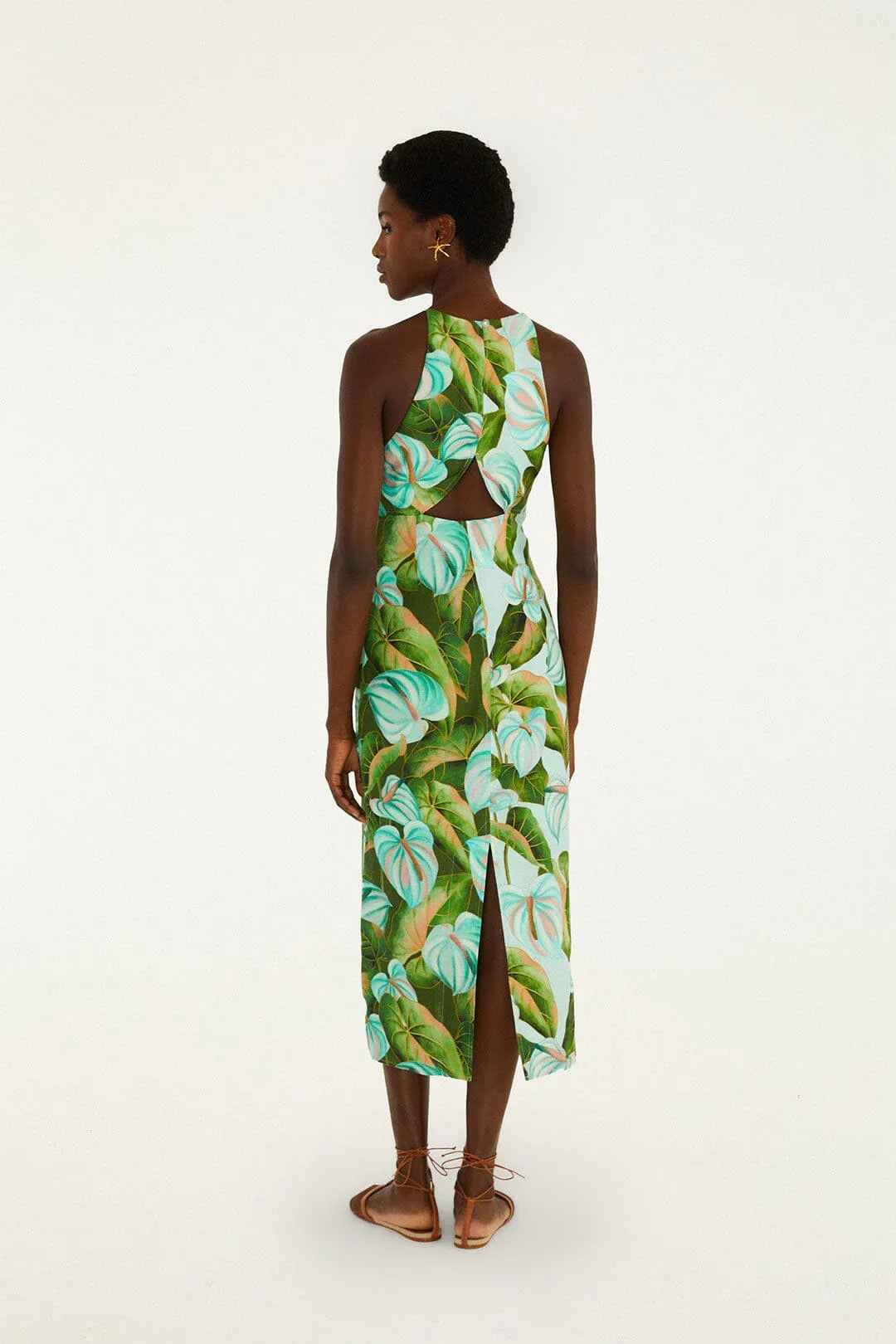 Green Anthurium Leaves Cut-Out Midi Dress