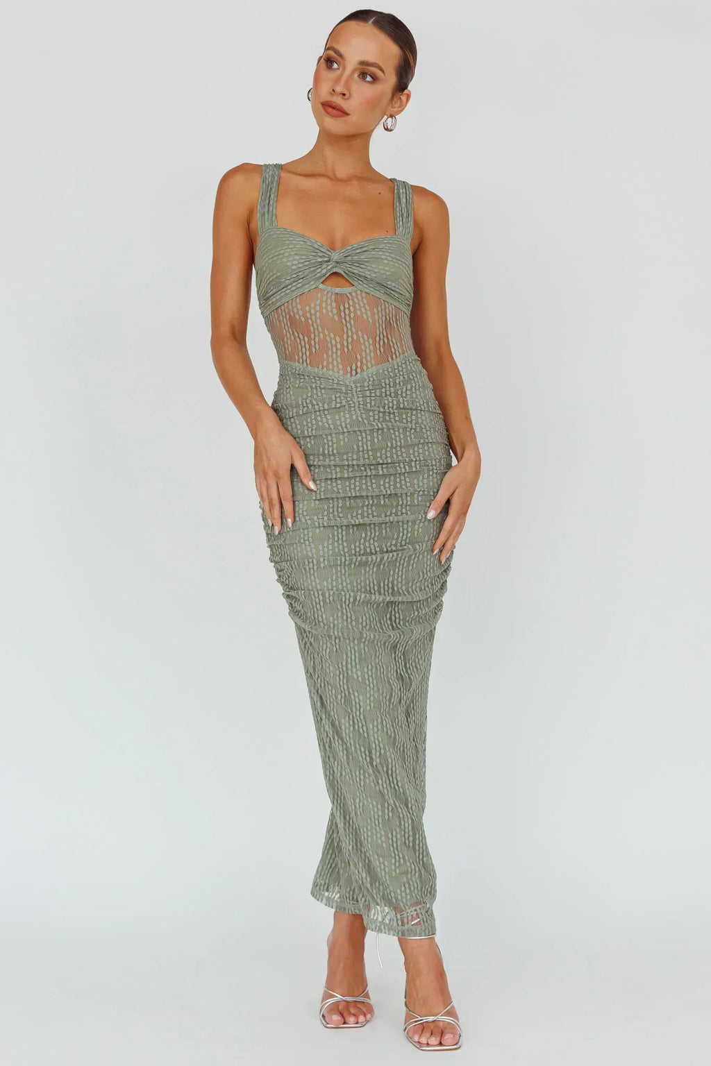 Robe midi en maille brodée Oliana Fougère