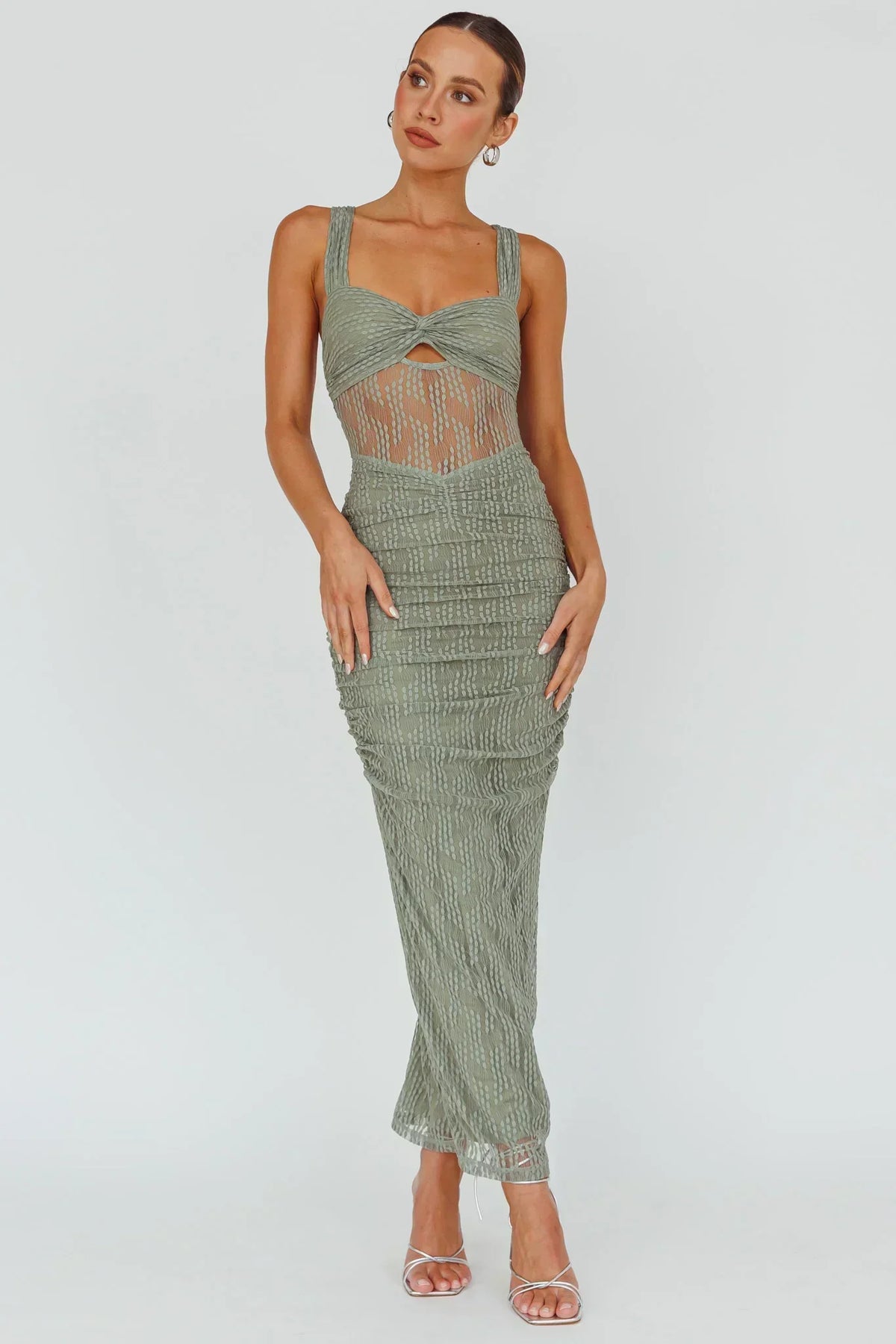 Robe midi en maille brodée Oliana Fougère