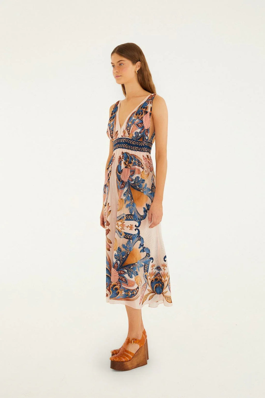 Soft Pink Garden Scarf V Neck Midi Dress