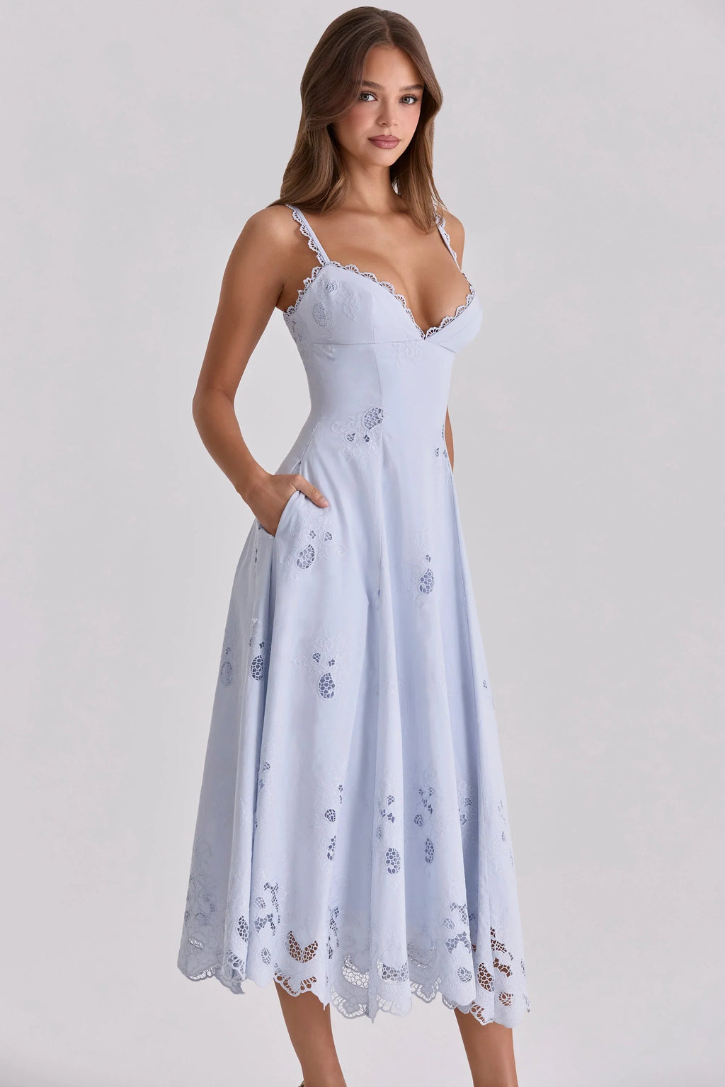 Robe longue midi broderie anglaise en dentelle jacinthe + coton