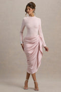 Raffie | Pink Long-Sleeve Midi Dress With Satin Wrap Skirt