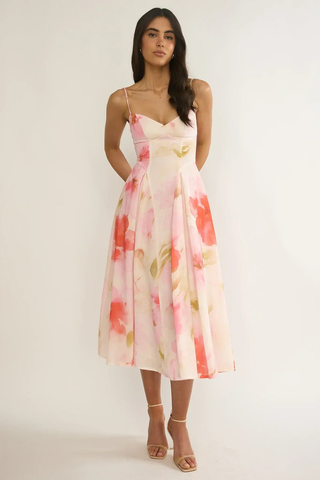 Robe midi à taille plissée "Get My Attention" rose fleuri