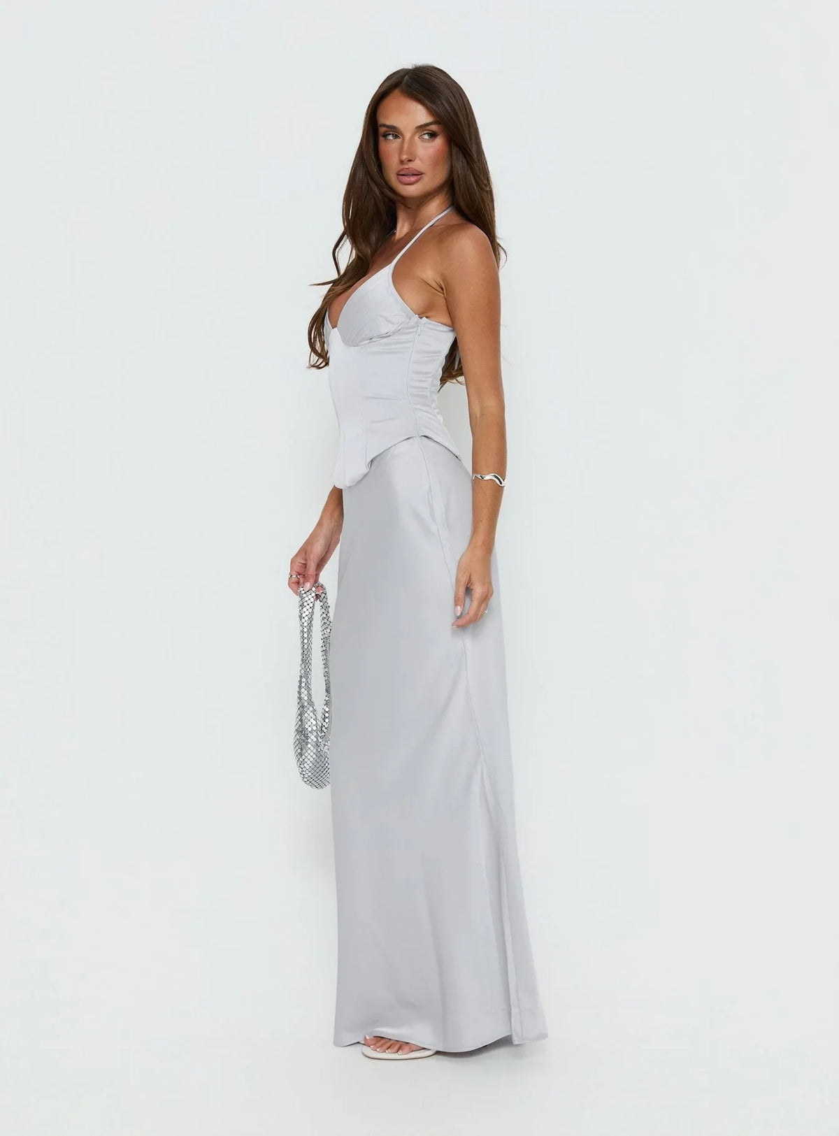 Robe longue corset en satin Devotedness argenté