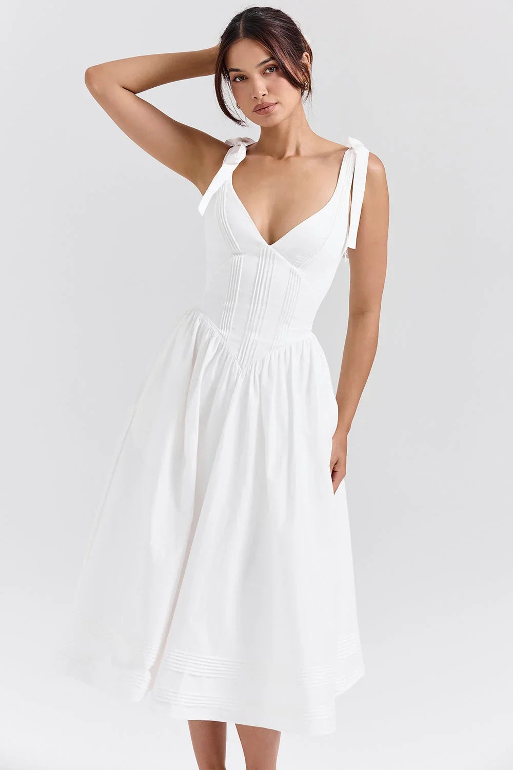robe chasuble mi-longue en coton blanc à plis nervurés