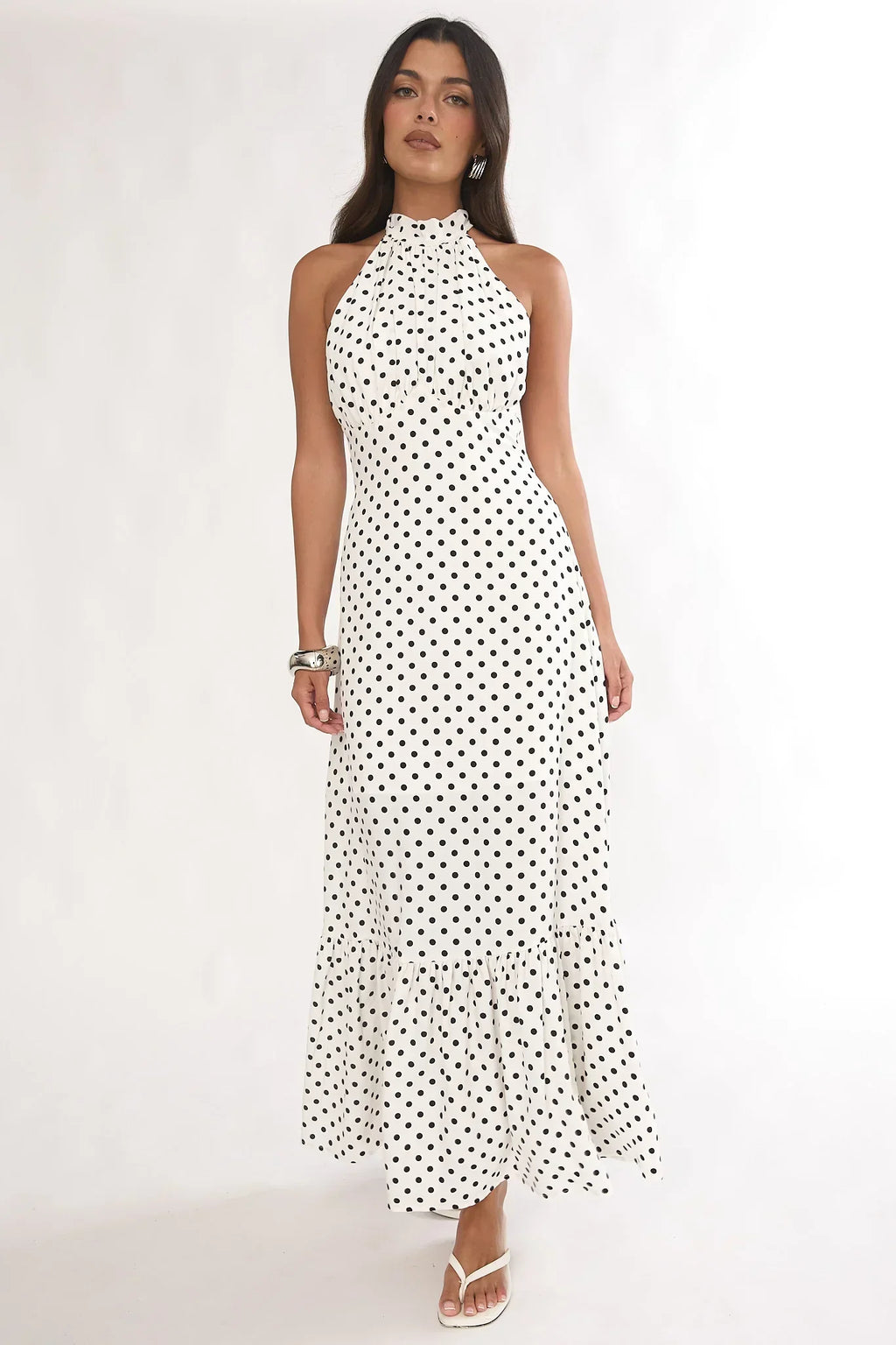 Robe longue Romana à licou et col montant à pois blancs