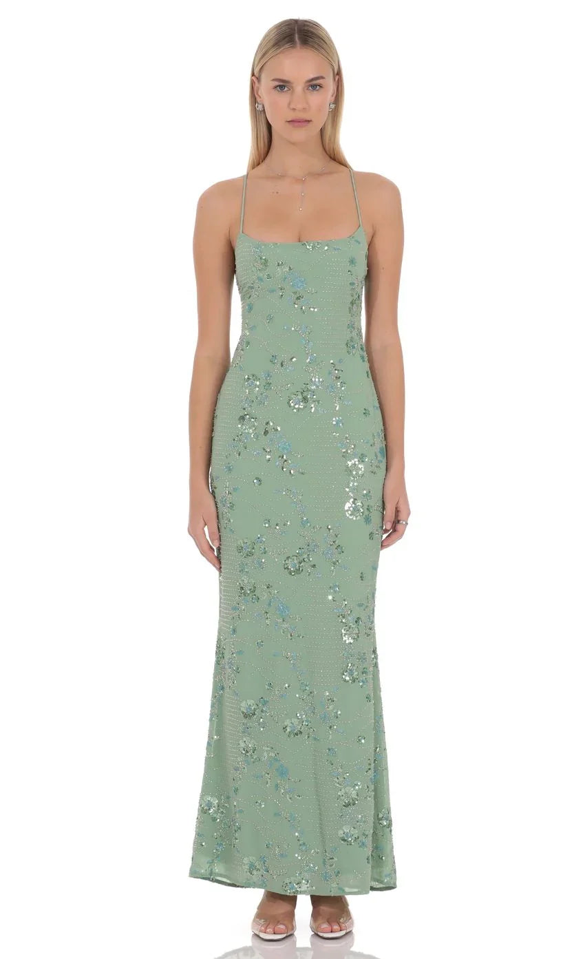 Robe longue Lilia ornée de perles, vert