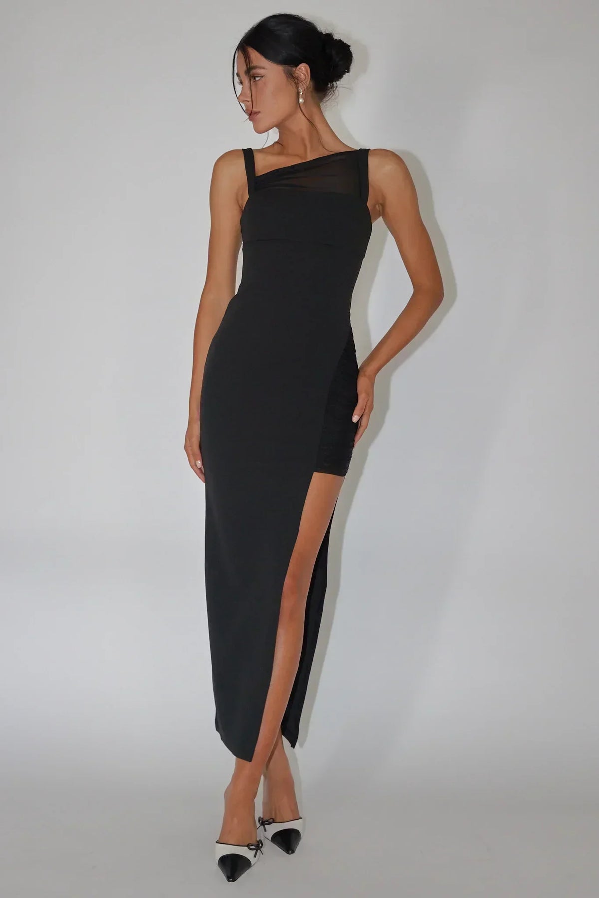 Robe midi fendue froncée Zenya noire