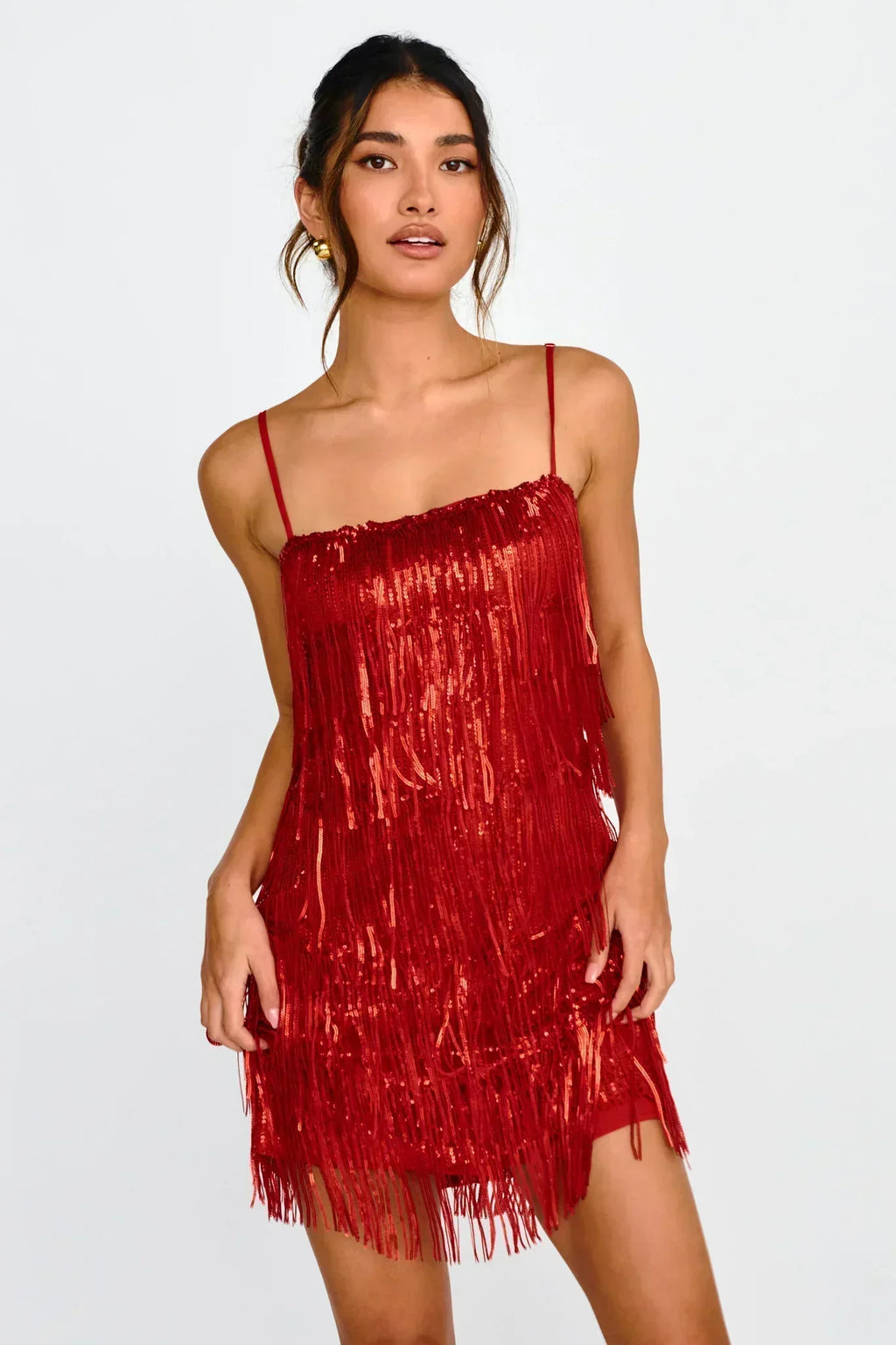 Robe courte à franges et sequins New York Nights rouge