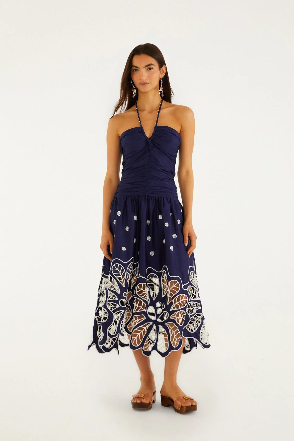 Navy Blue Embroidered Richelieu Midi Dress