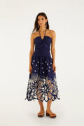 Navy Blue Embroidered Richelieu Midi Dress