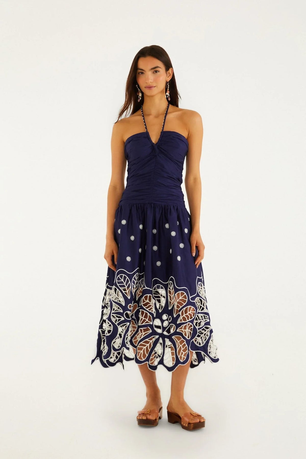 Navy Blue Embroidered Richelieu Midi Dress