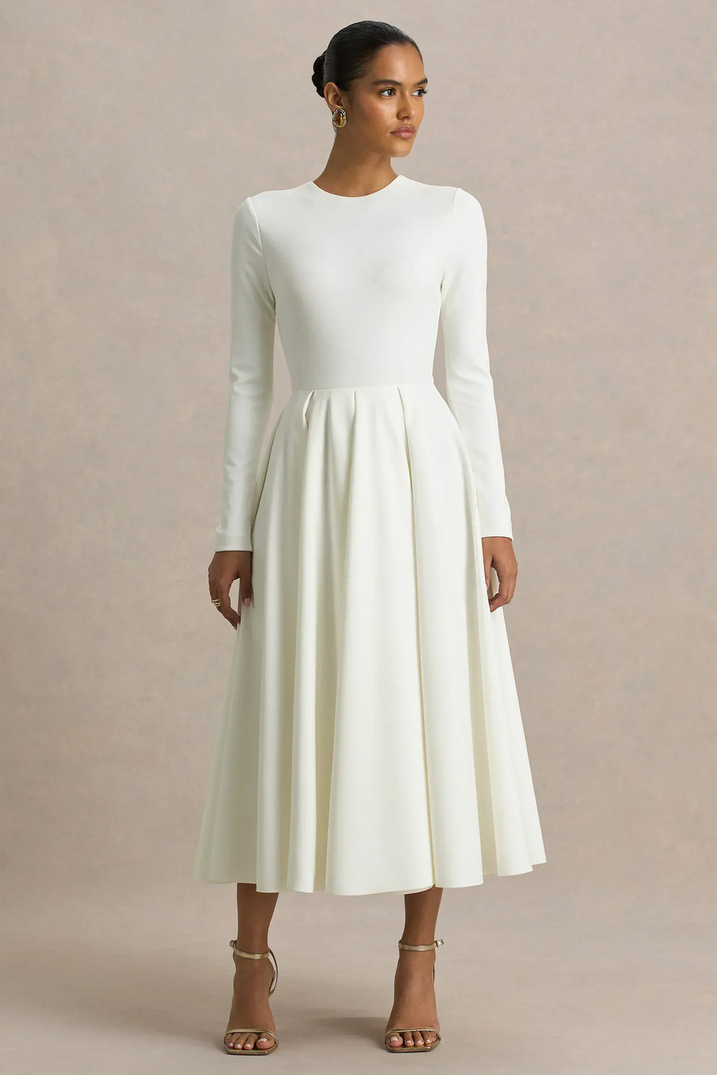 Bellamy | Robe longue mi-mollet en tricot écru à col rond et manches longues