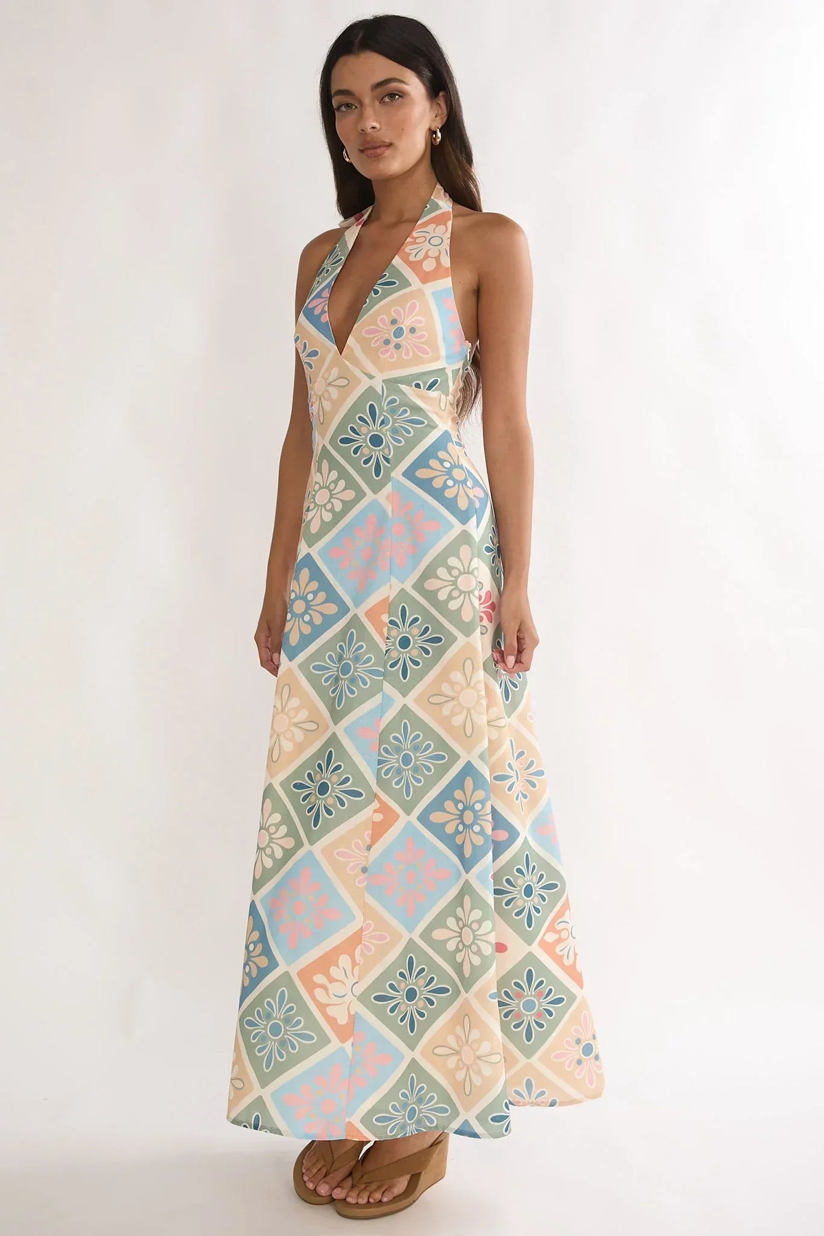 Robe longue trapèze à col montant Nolara vert multicolore