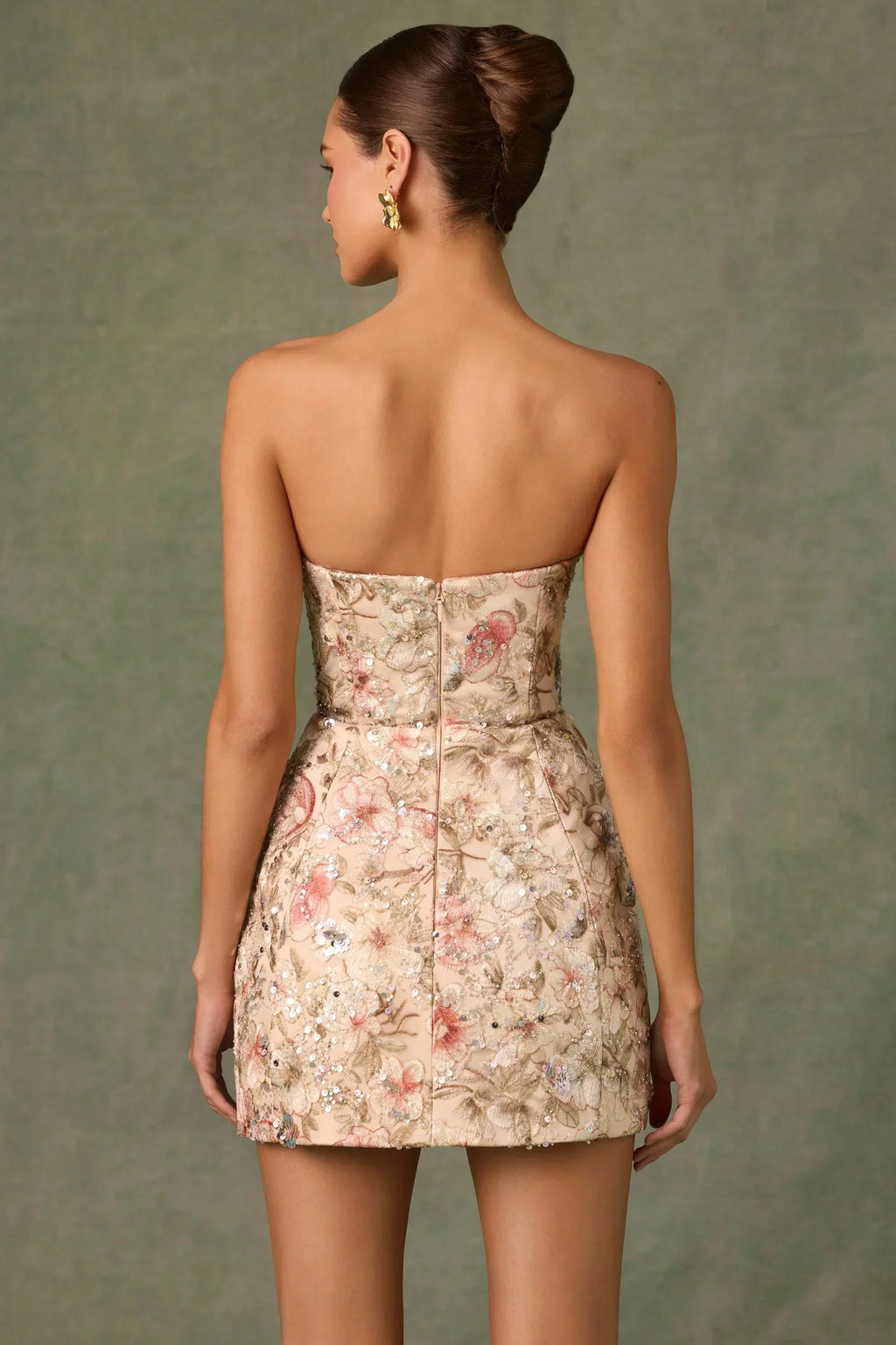 Mini-robe trapèze bustier ornée en beige floral