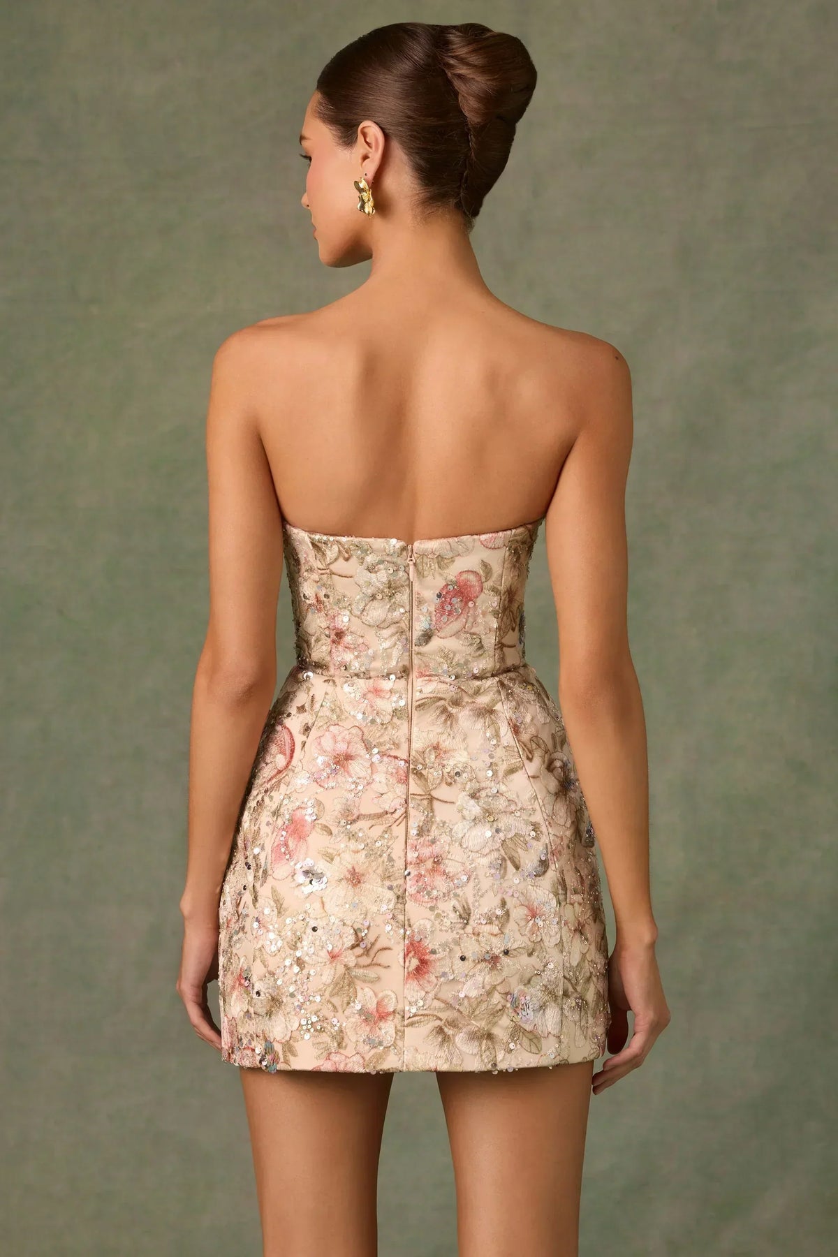 Mini-robe trapèze bustier ornée en beige floral