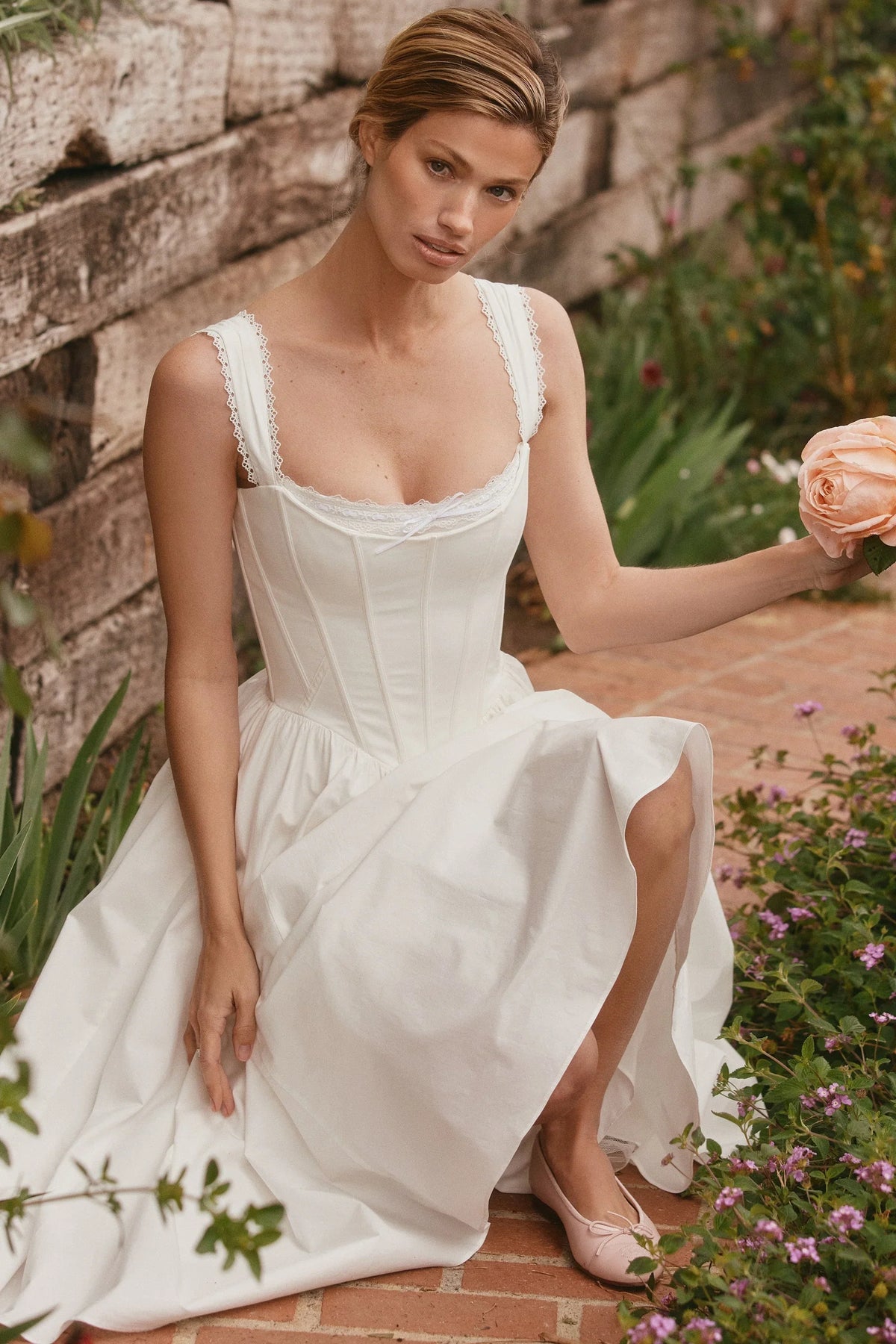 white stretch cotton corset midi dress