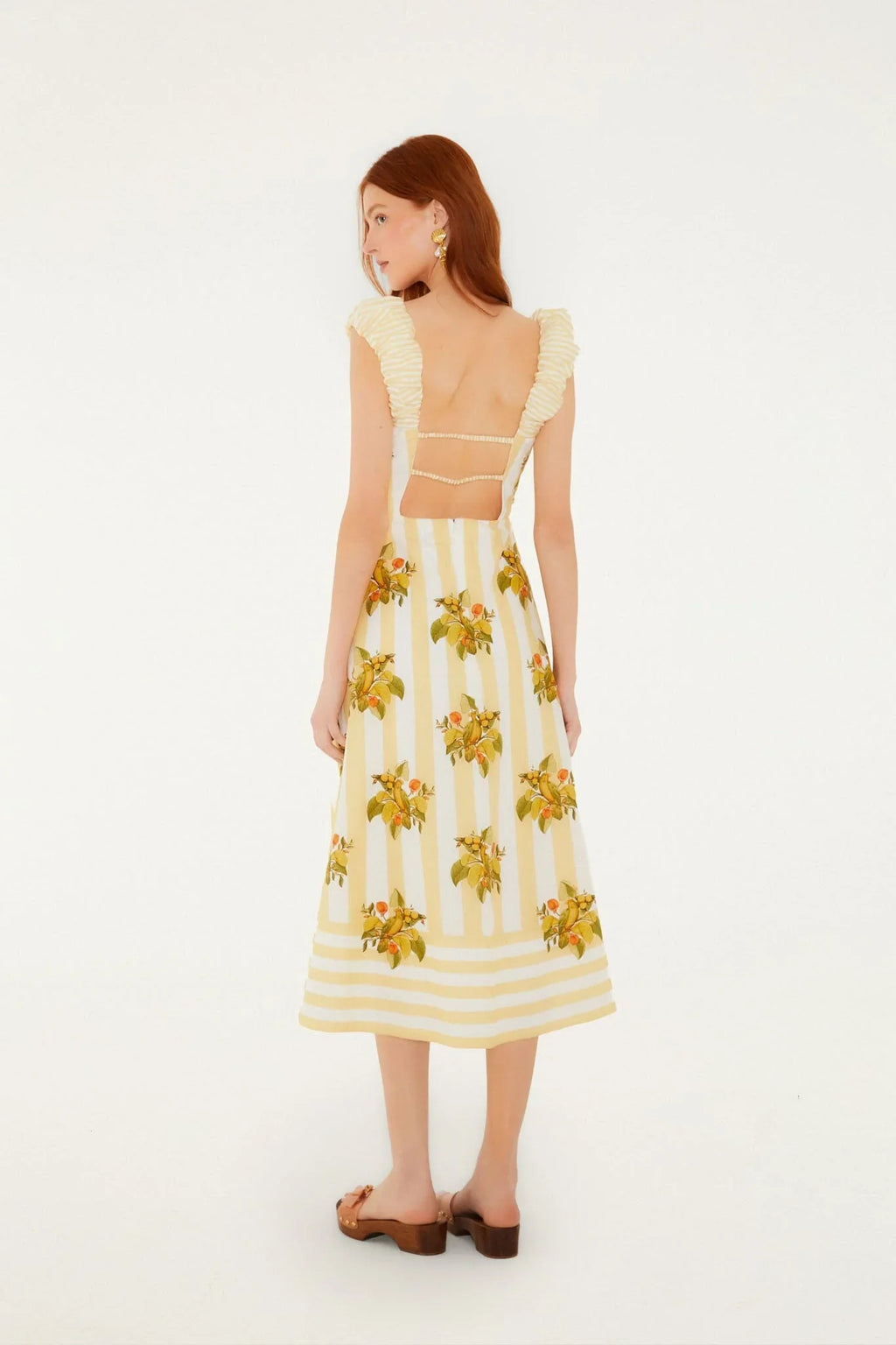 Yellow Lemon Birds Sweetheart Neck Midi Dress