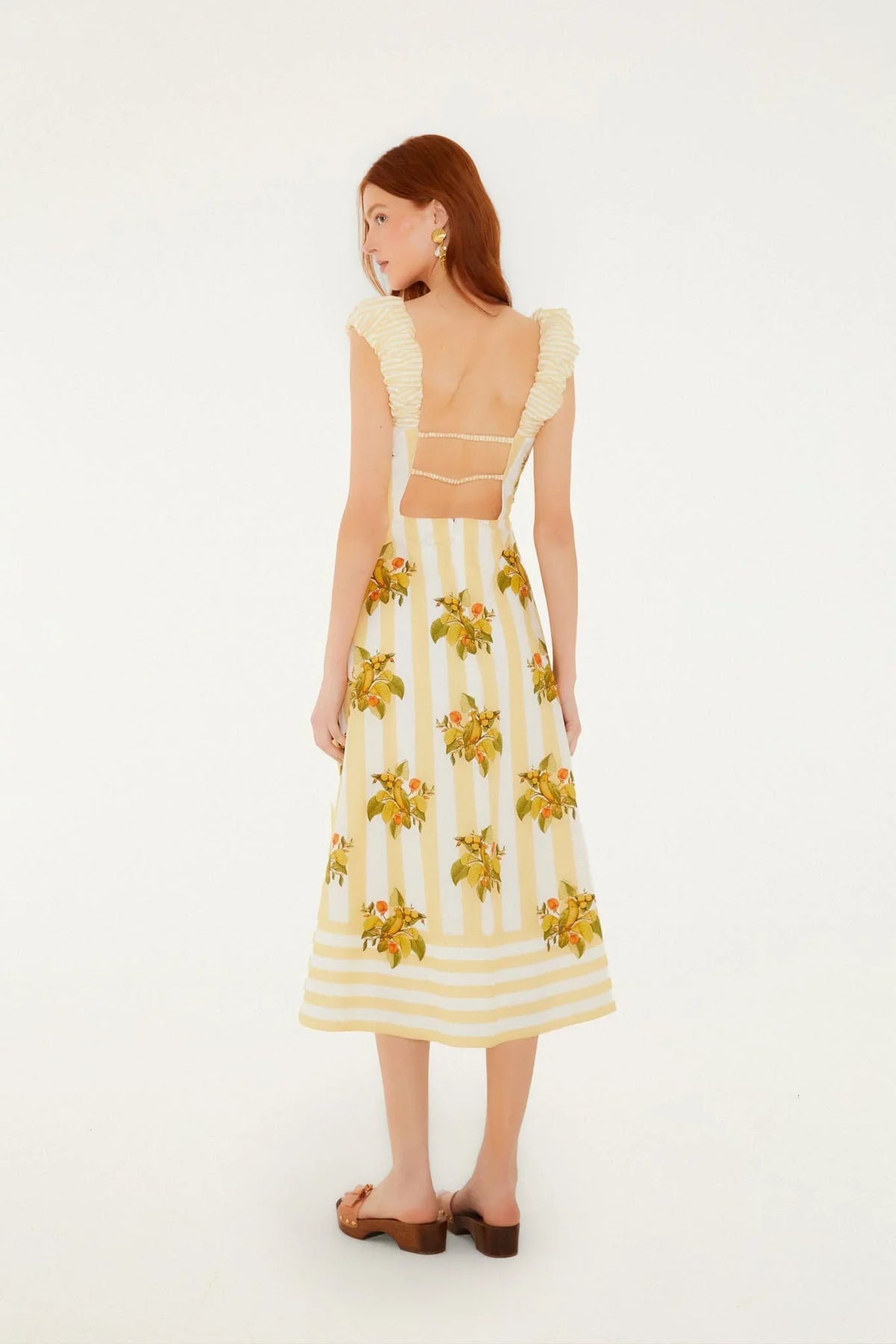 Yellow Lemon Birds Sweetheart Neck Midi Dress