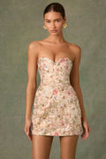 Mini-robe trapèze bustier ornée en beige floral