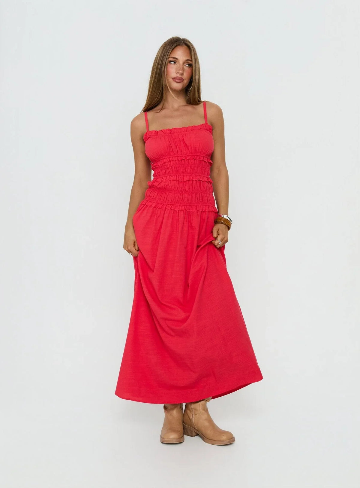 Robe longue froncée Rubiella rouge
