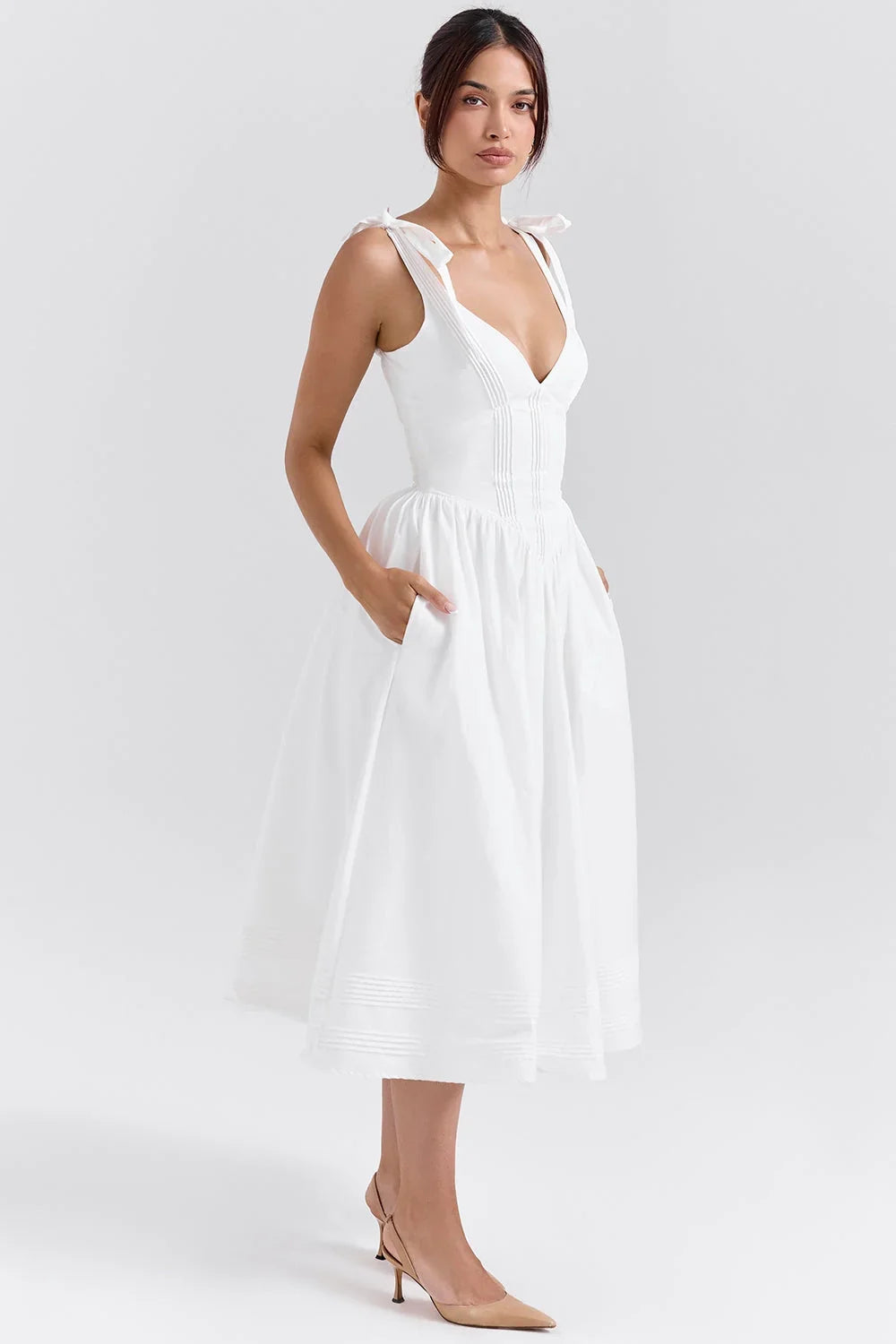 robe chasuble mi-longue en coton blanc à plis nervurés