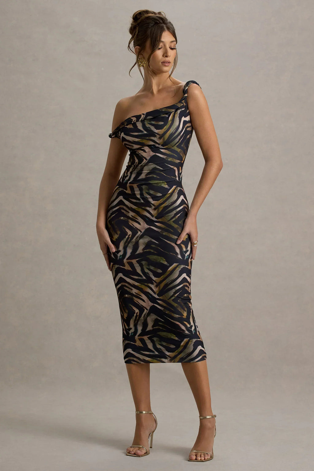 Nora | Robe midi asymétrique torsadée à imprimé zèbre